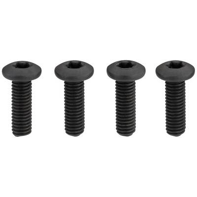 Four black machine screws with a flat head and internal hexalobular drive, arranged side by side on a light background.
