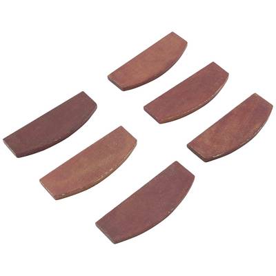 Six semi-circular, flat wooden pieces in red and brown tones, arranged in two rows on a white background.