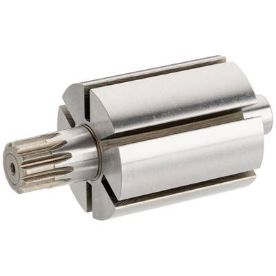 A cylindrical metal machine component with two recesses and a toothed end, likely a shaft or rotor.