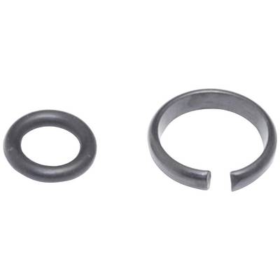 Two metal rings side by side: on the left, a closed ring, on the right, a broken, partially open ring, both in grey colour.