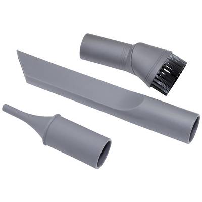 Three grey vacuum cleaner attachments: crevice tool, round brush, and narrow suction nozzle. Ideal for hard-to-reach or delicate areas.