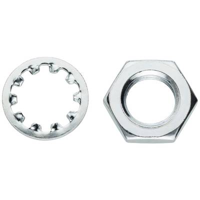 Metal disc with serrated edge next to a hexagonal nut on a white background.