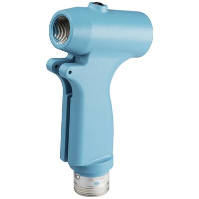 A blue metal flow valve, suitable for industrial applications, displays a cylindrical design with threads at both ends.