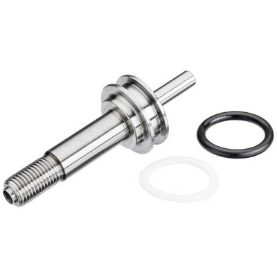 Metal pin with thread and two plastic sealing rings, one black and one white. Used for mechanical applications.