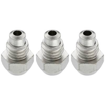 Three silver metal connectors arranged in a uniform layout. Each connector has a hexagonal end with a toothed threaded transition.