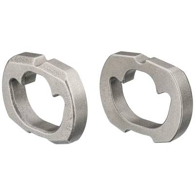 Two silver, metallic components in elliptical form with notches and recesses, displayed against a white background.