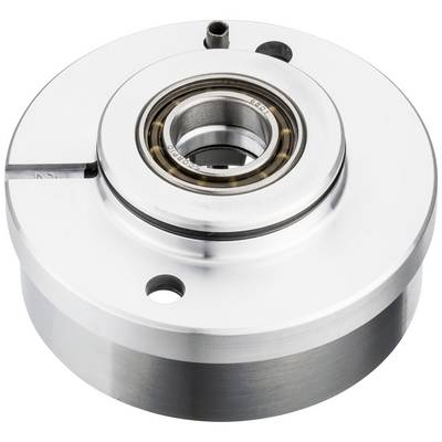 A silver metal bearing housing with a central rolling bearing, smooth surfaces, cylindrical shape, openings on the surface.