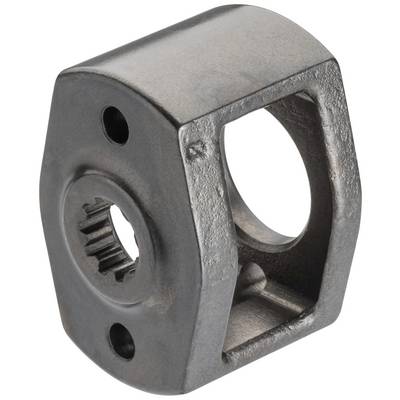 A metal component with a cylindrical shape, multiple holes, and a toothed inner surface, likely a mechanical connecting element.