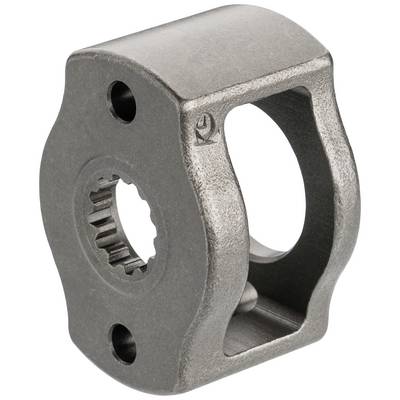 A metallic machine component with two mounting holes and a central toothed aperture. Suitable for mechanical connections.