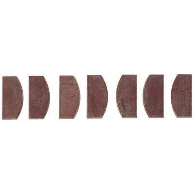 Seven red semi-circular object parts placed side by side, possibly machine or component elements, on a white background.