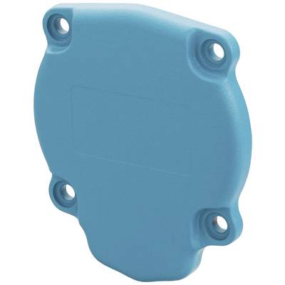 A blue, round metal part with four screw holes at the corners. It could be a component of a machine or device.