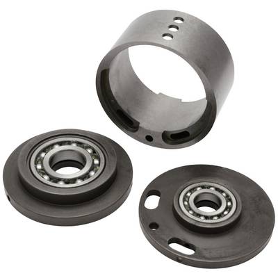 Three ball bearings on a white background. At the top, a cylindrical housing, below two round bearings with visible balls.
