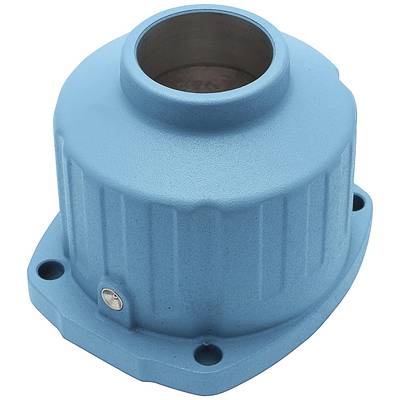 A blue, cylindrical metal housing with a flat base and four screw holes, used as a protective cover.