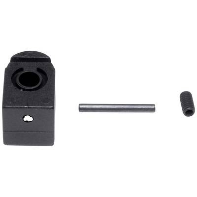 A black, rectangular component next to a metal pin and a small screw on a white background.