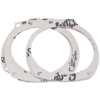 Two cardboard gaskets with black printing, layered on top of each other. They each have several small holes and are circular.