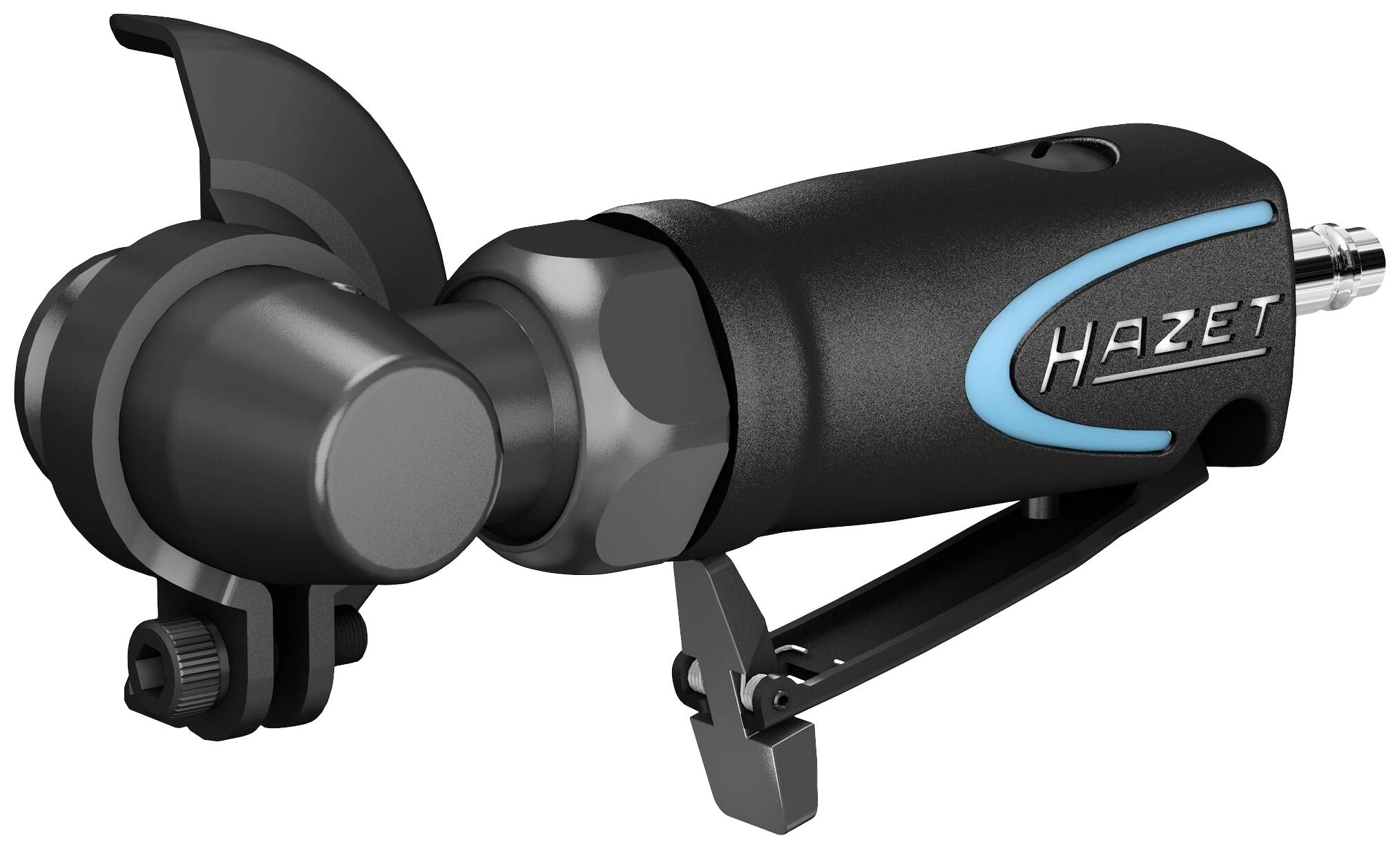 A black angle grinder with a blue 'Hazet' logo, metal components and a black handle, positioned on a white background.