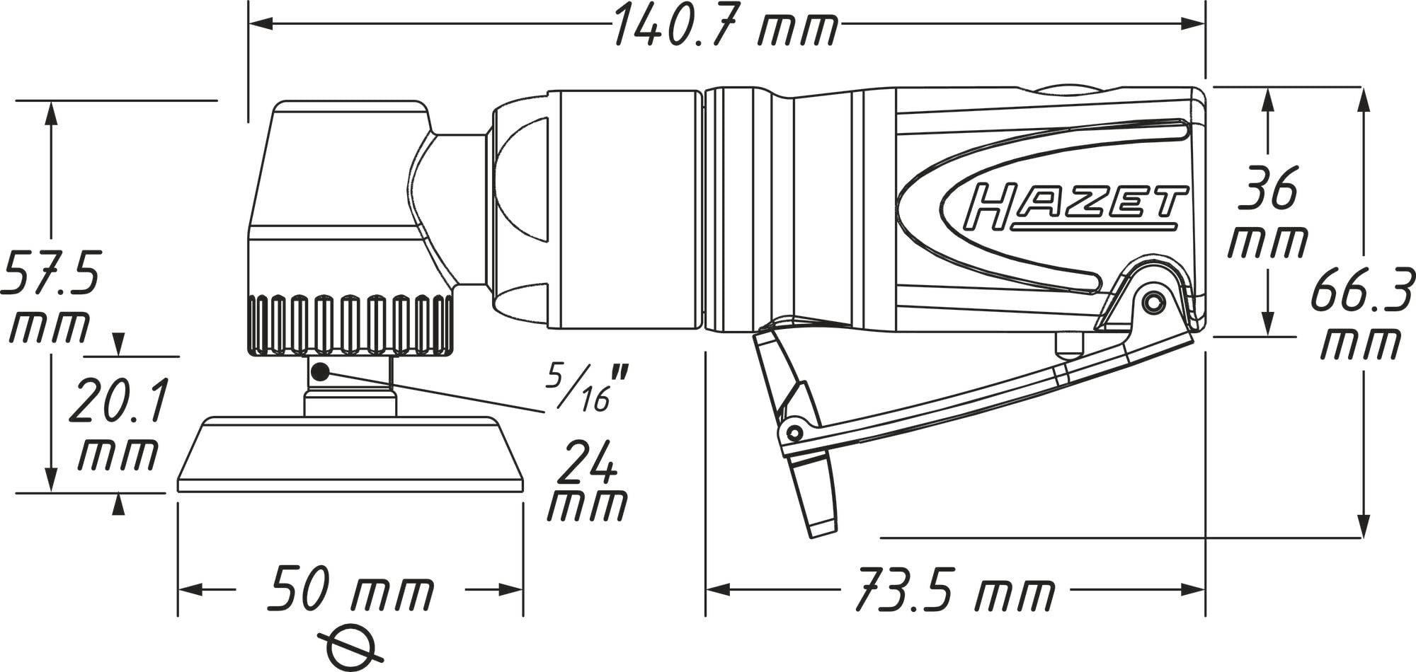 Technical drawing of an angle grinder with dimensions. Length: 140.7 mm; Height: 57.5 mm; Grinding disc radius: 50 mm; Brand: Hazet.