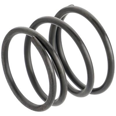 A black, metallic helical spring, spiral in shape and sturdy.