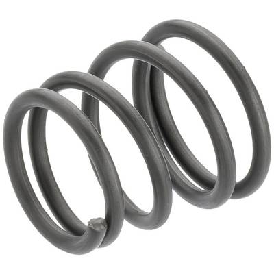 A large, metallic helical spring, wound in several uniform spirals, crafted from dark metal.