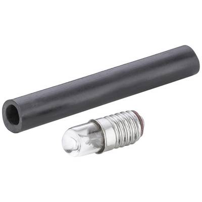 A black, hollow cylinder next to a small light bulb with a metal thread.