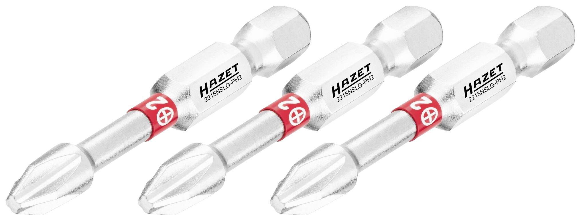 Three silver screwdriver bits with a red ring and 'Hazet' printed on each. They are arranged in a row.