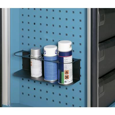 Three spray cans mounted on a black shelf in front of a blue perforated wall. Black drawers are visible to the right.