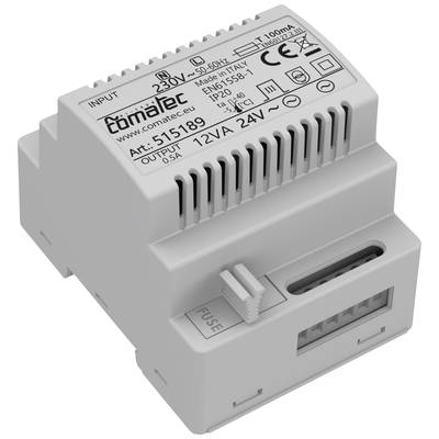 'Electronic device for DIN rail mounting, input 230V, output 12V / 24V, used for power supply in systems.'