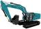 A blue excavator with tracked chassis, raised bucket, and visible driver's cab.