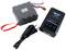 LiPo battery with red band, charger with display and black mains cable. Set for charging lithium-polymer batteries.