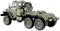 Green toy model of a six-wheeled military lorry with a spare wheel on the load bed.