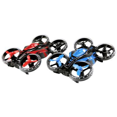 Two remote-controlled quadcopters in red and blue with four rotors, side by side on a white background.