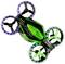 A black and green drone with three propellers, surrounded by glowing LED lights.