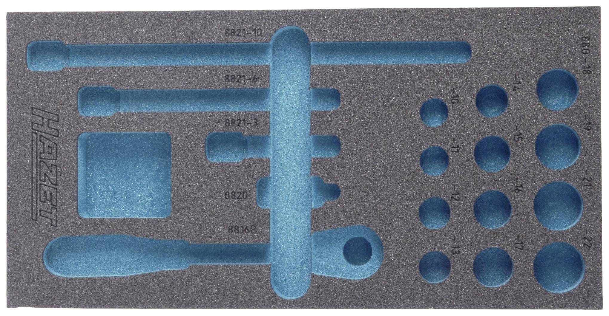 'Foam insert with blue recesses for tool storage. Markings for various tools and sizes.'