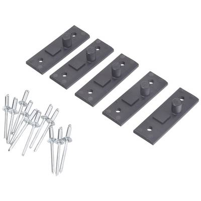 Four black mounting parts, each with two holes and a protruding pin, alongside eleven silver rivets.