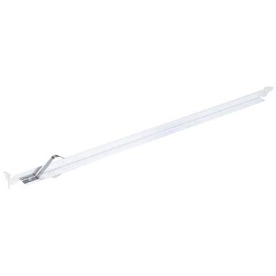 A long, slender metal rod with a slightly curved bracket in the middle, possibly a mechanical component or tool.