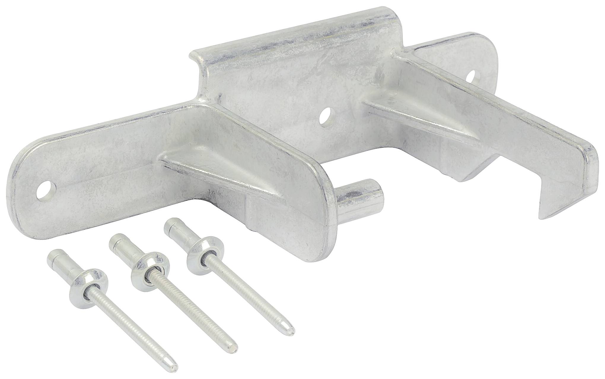 A silver metal fixing element next to three rivets.