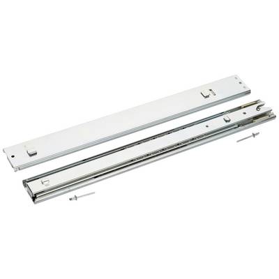 Two silver drawer runners with screws for fastening, designed for mounting in furniture to guide drawers.