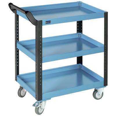 A three-tier blue tool trolley with wheels, suitable for transporting tools in workshops or garages.