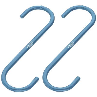 Two blue, S-shaped metal hooks that could potentially be used for hanging objects.