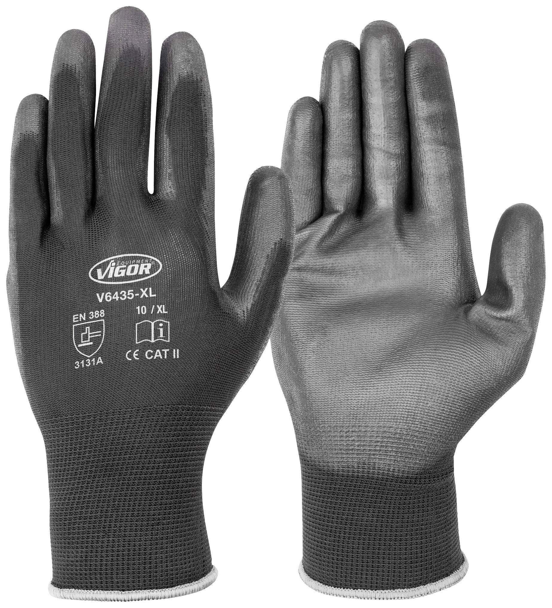 A pair of black work gloves made from sturdy material, size XL. Safety certifications and categories are printed on the back of the hand.