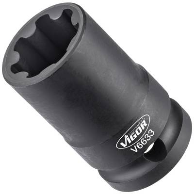 Black metal socket tool with rounded corners, model number 'V6633' by Vigor, suitable for repair work.