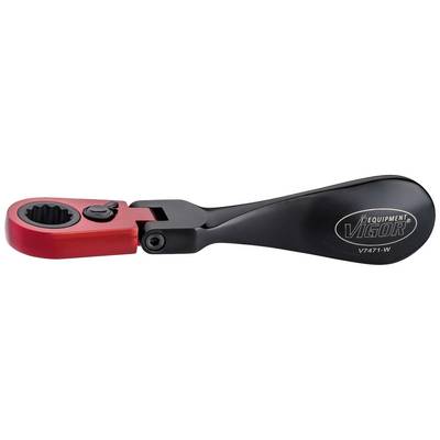 A black and red ratchet spanner with an ergonomic handle and the inscription 'Equipment VIGOR V4711-W' at the end of the handle.