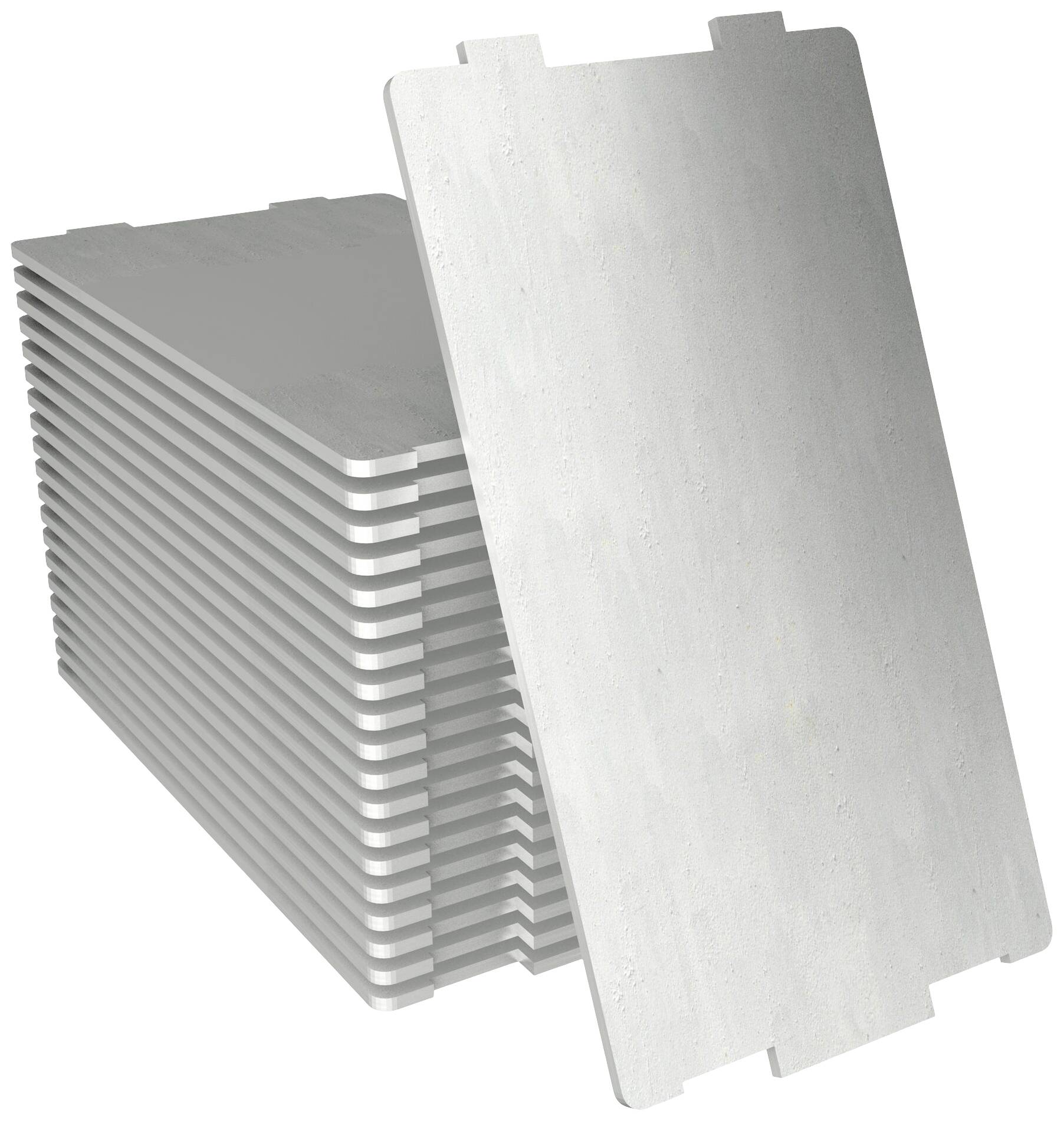 Stacked aluminium plates, with one standing upright in front. They are often used as building material or for specific construction applications.