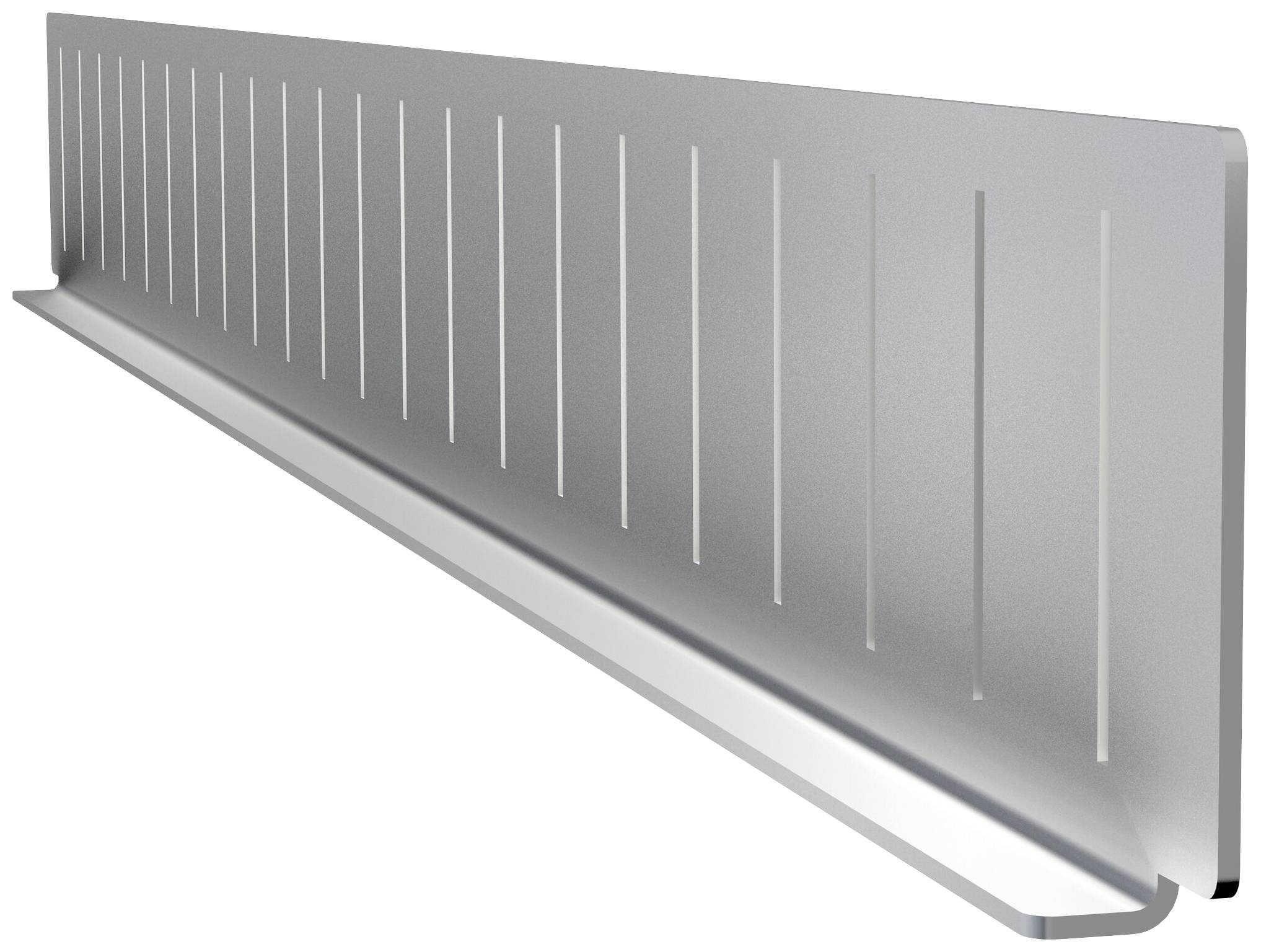 Metal angle bracket with straight, parallel lines on the surface. Used for stabilising or reinforcing constructions.