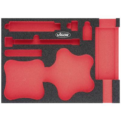 Black foam insert with red cutouts for tools, including a cutout with the 'Vigor' logo in the centre.