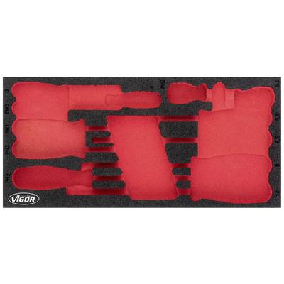 Foam insert with recesses for screwdrivers. Various sizes are indicated. 'Vigor' brand logo in the bottom left.