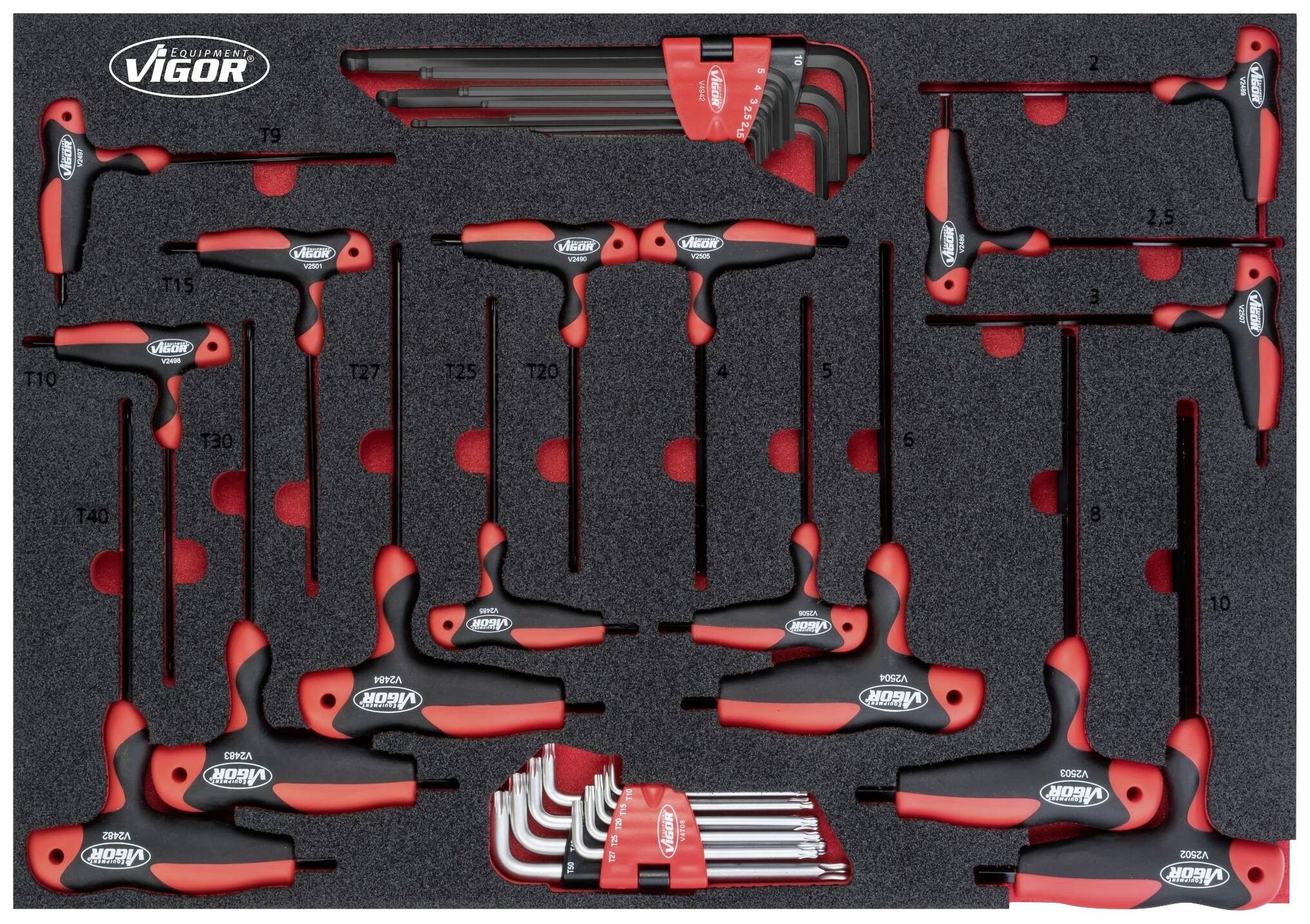 'T-handle and L-shaped hex key set by Vigor, arranged in a foam insert with red handles for various screw sizes.'