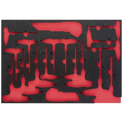 'Tool case insert with recesses for T-handle and standard hex keys, with a red foam layer for accentuation.'