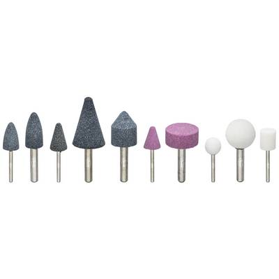 A set of nine grinding attachments in various shapes and sizes, including conical, cylindrical, and spherical heads.