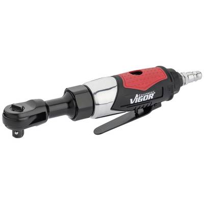 Pneumatic ratchet spanner with a red handle, black housing and silver accents; exhaust valve located at the front.